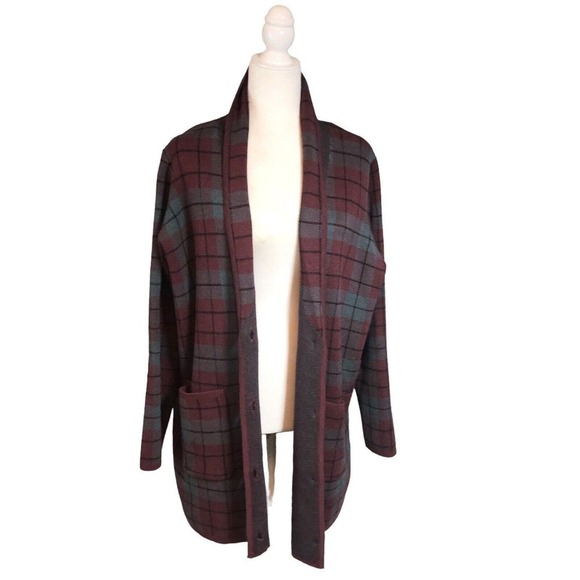 Denim & Co Shacket Women’s 1X Burgundy Gray Box Tartan Plaid Cotton Knit Open - Picture 5 of 12